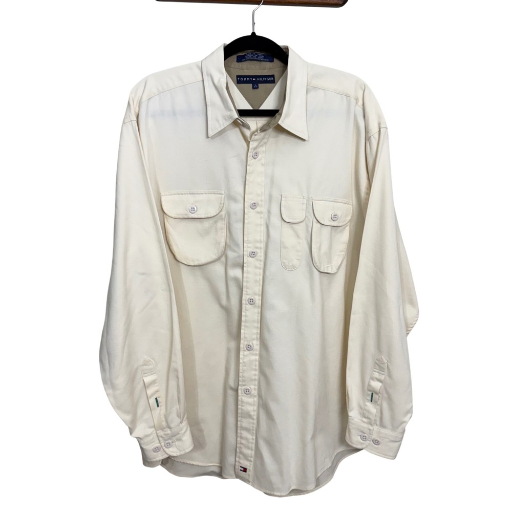 Vingtage Tommy Hilfiger Large Cream Long Sleeve Button Down Cotton Twill Shirt L